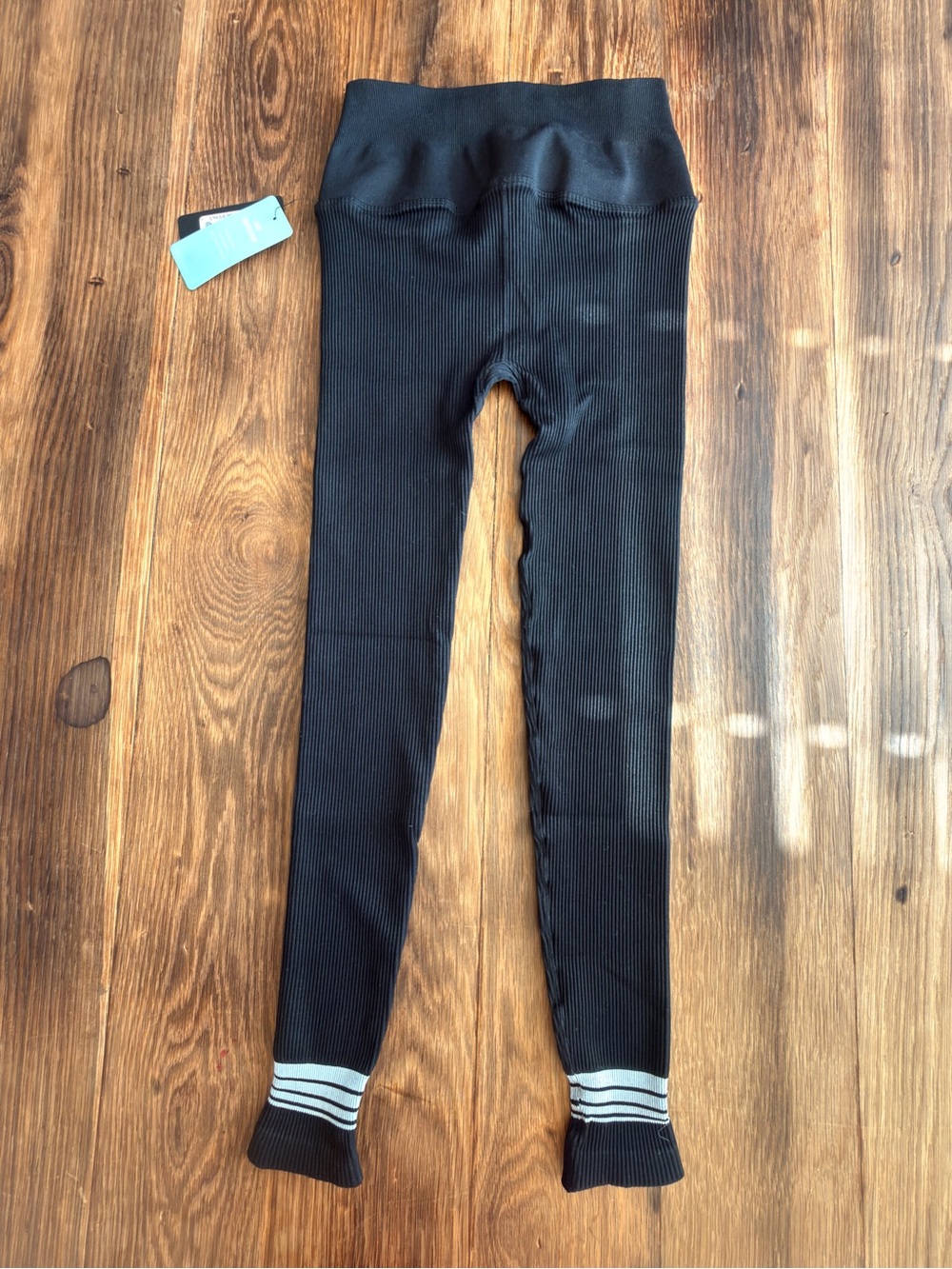 NUX Black Ribbed Leggings with White Stripe Cuffs - Picture 7 of 8